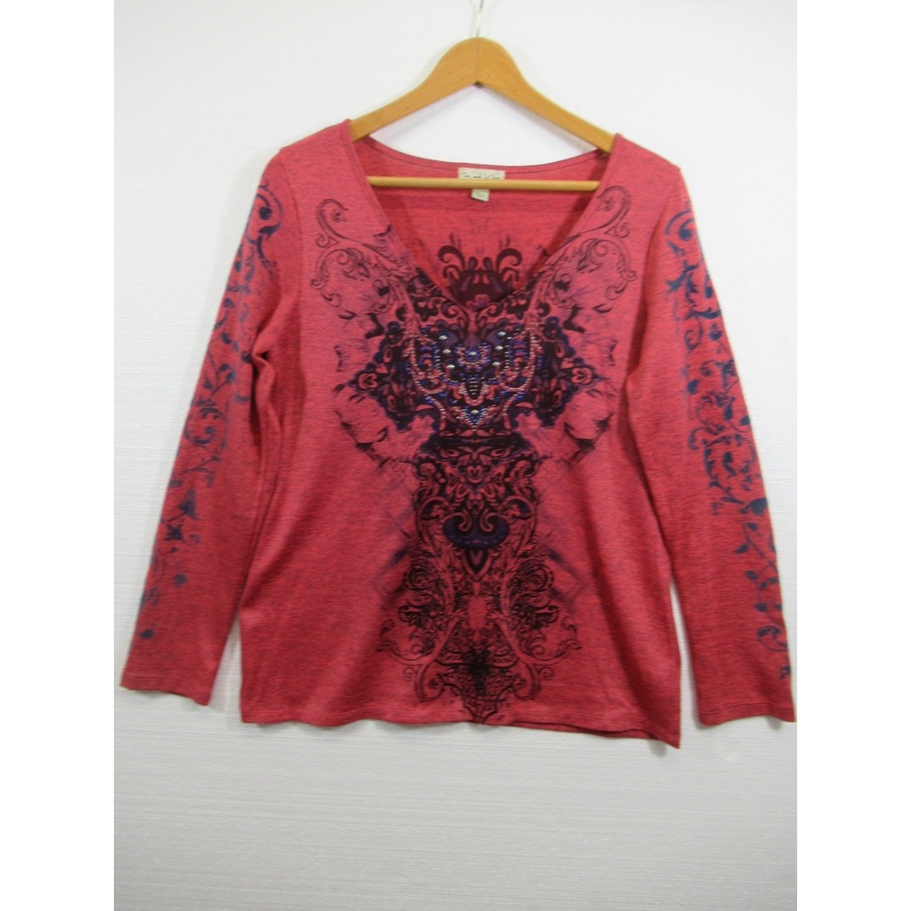 One World Live and Let Live Studded Top Women Large Red V-neck Long Sleeve Boho